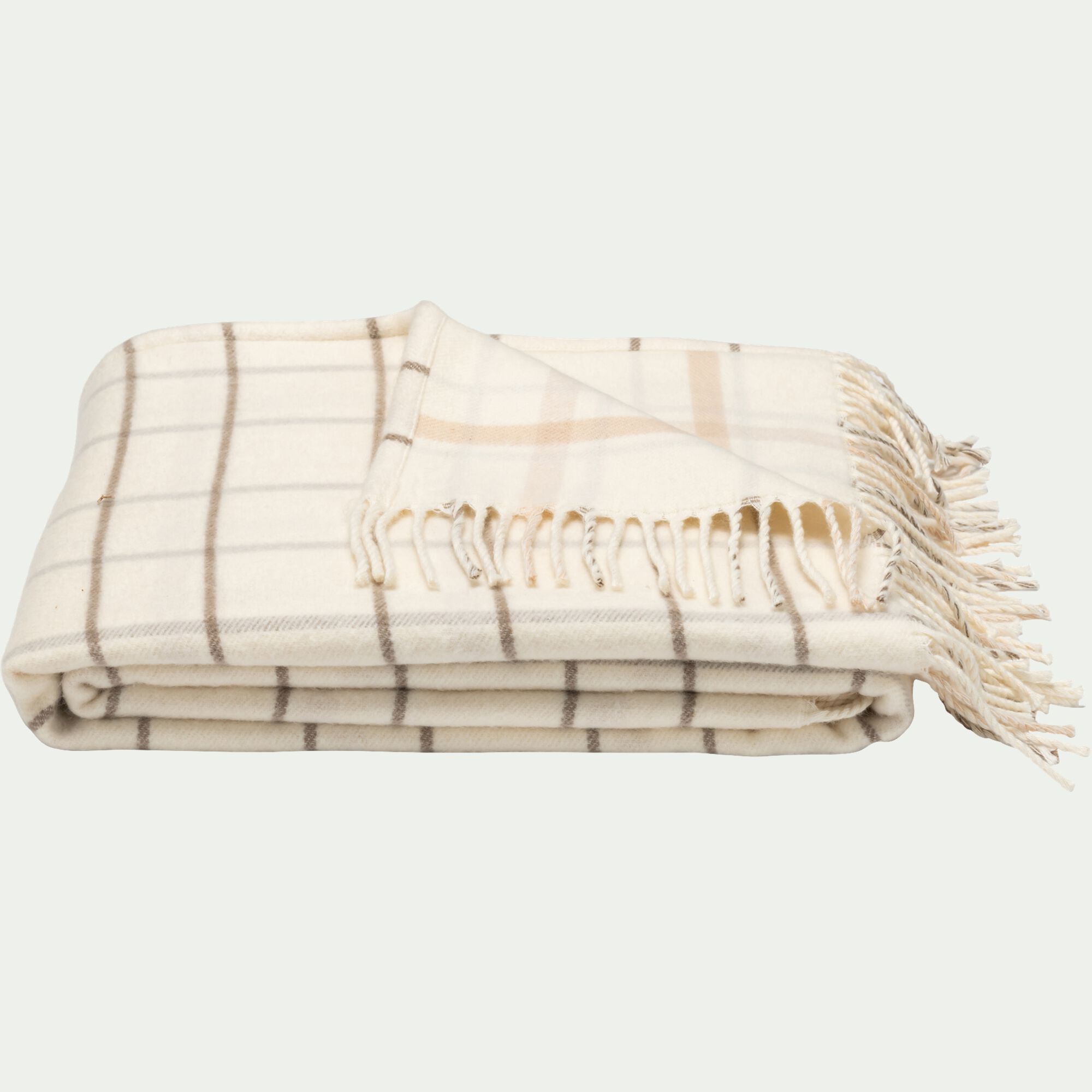 GILLIES - Plaid en coton et laine motif tartan finition franges 130x170cm - blanc écru