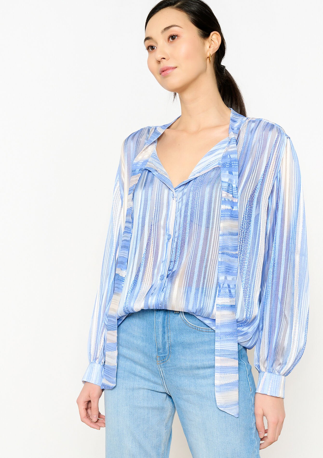 Gestreepte lurex blouse met striklint