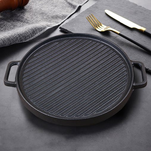 SOGA 30cm Round Cast Iron Ribbed BBQ Pan Skillet Steak Sizzle Platter with Handle