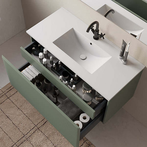 Meuble de salle de bain 100cm simple vasque - 2 tiroirs - sans miroir - vert - SUZA