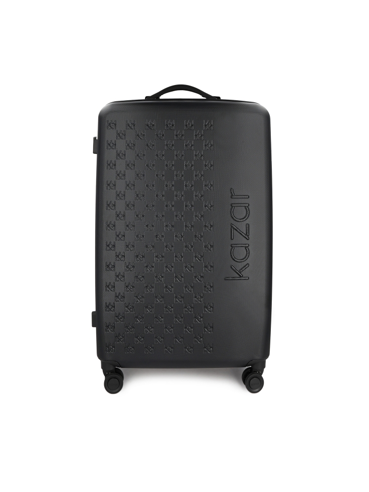 Large black suitcase with embossed pattern