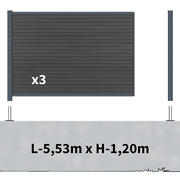 Kit Clôture Composite sur Muret SANTOS Ardoise 5,5x1,2m - Bois composite &Aluminium - Poteaux sur Platines Gris - Brise vue