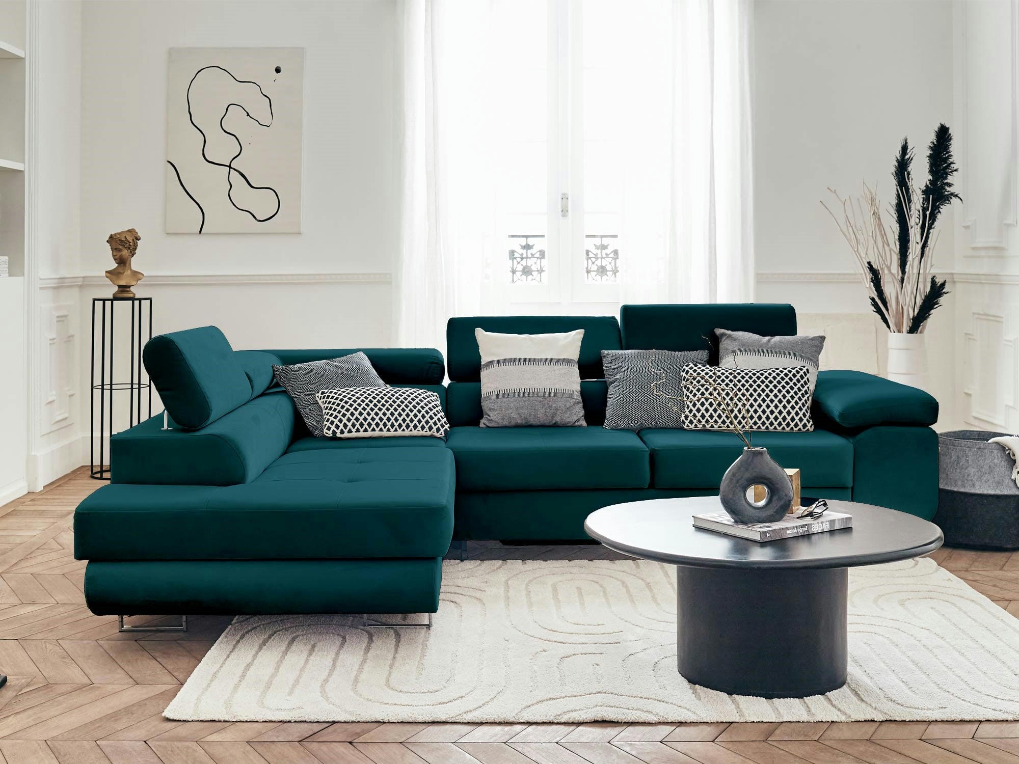 PABLO - Canapé d'angle gauche convertible 5 places en velours bleu canard