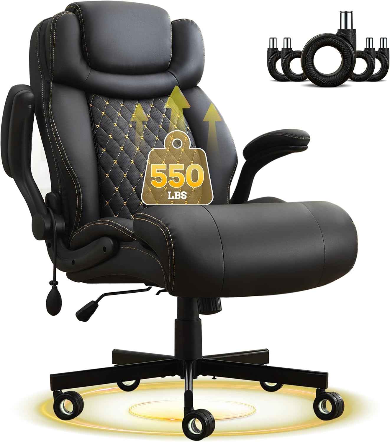 550LBS Big and Tall Office Chair, Comfy Heavy Duty Executive Chair with Adjustable Lumbar Support Double Spaces Casters, PU Leather Extra Wide Seat Ergonomic Computer Desk Chair for Back Pain, Black
