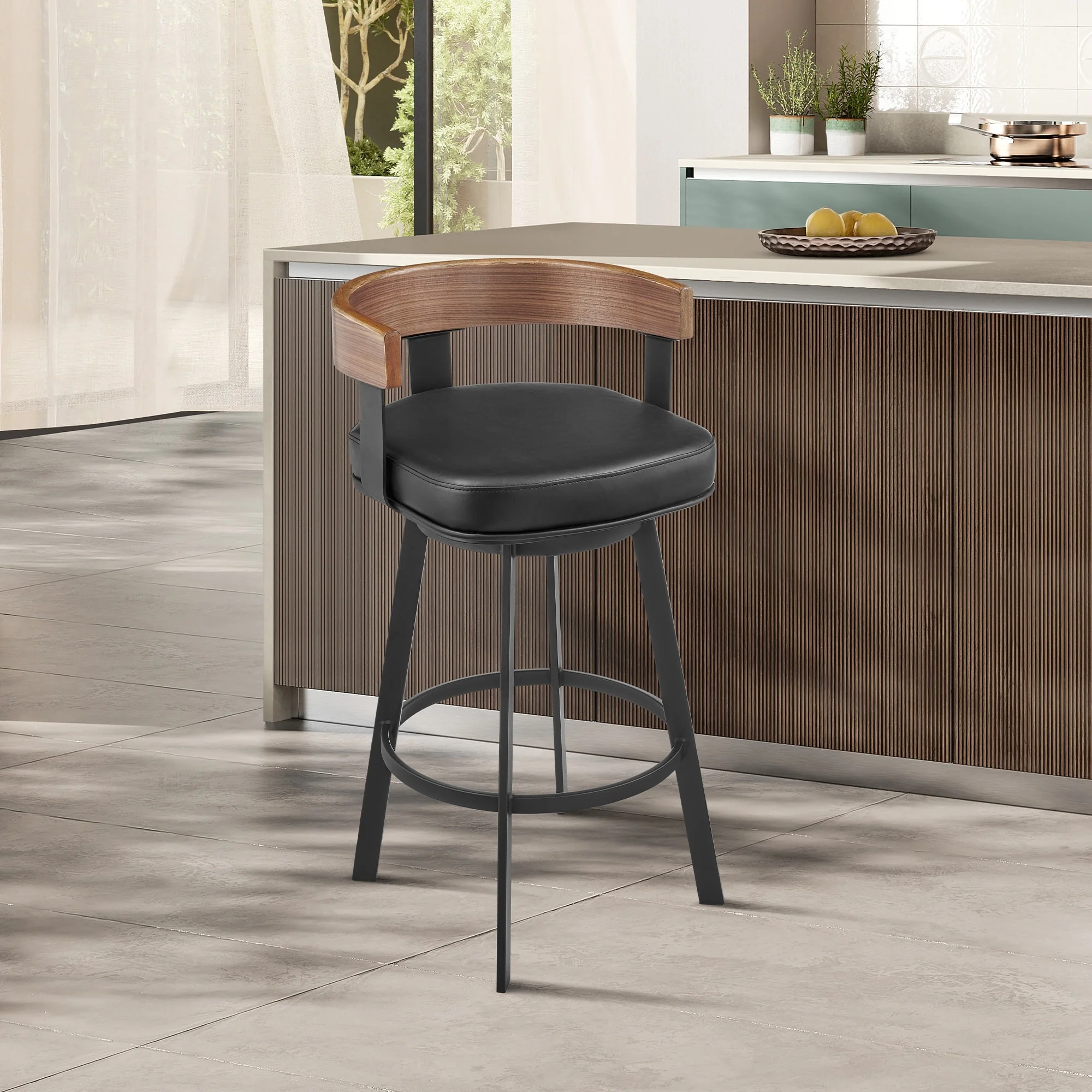 Idris Black Iron and Wood Swivel Bar or Counter Height Bar Stool