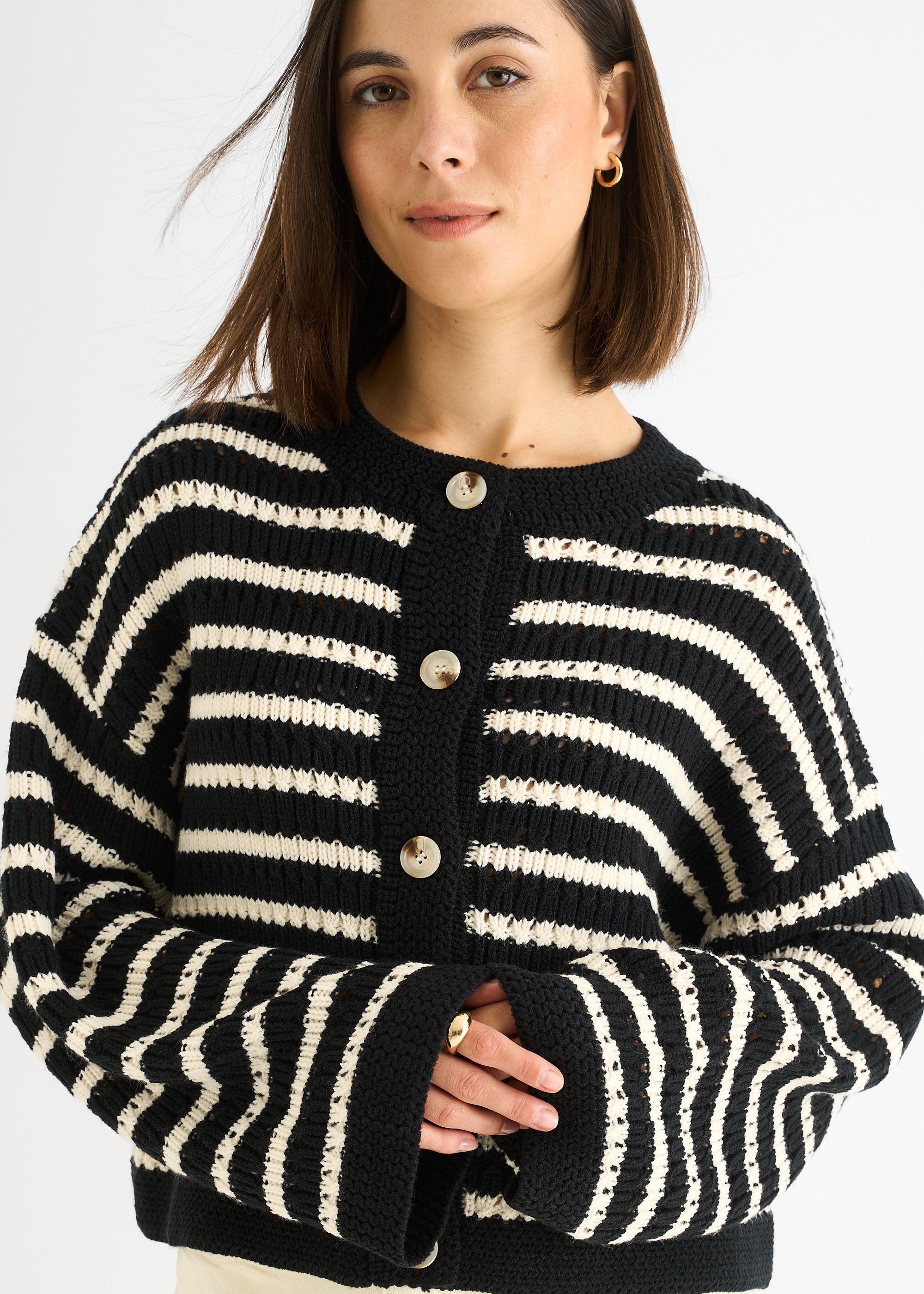 Gini London Black Stripe Cable Knit Crop Cardigan