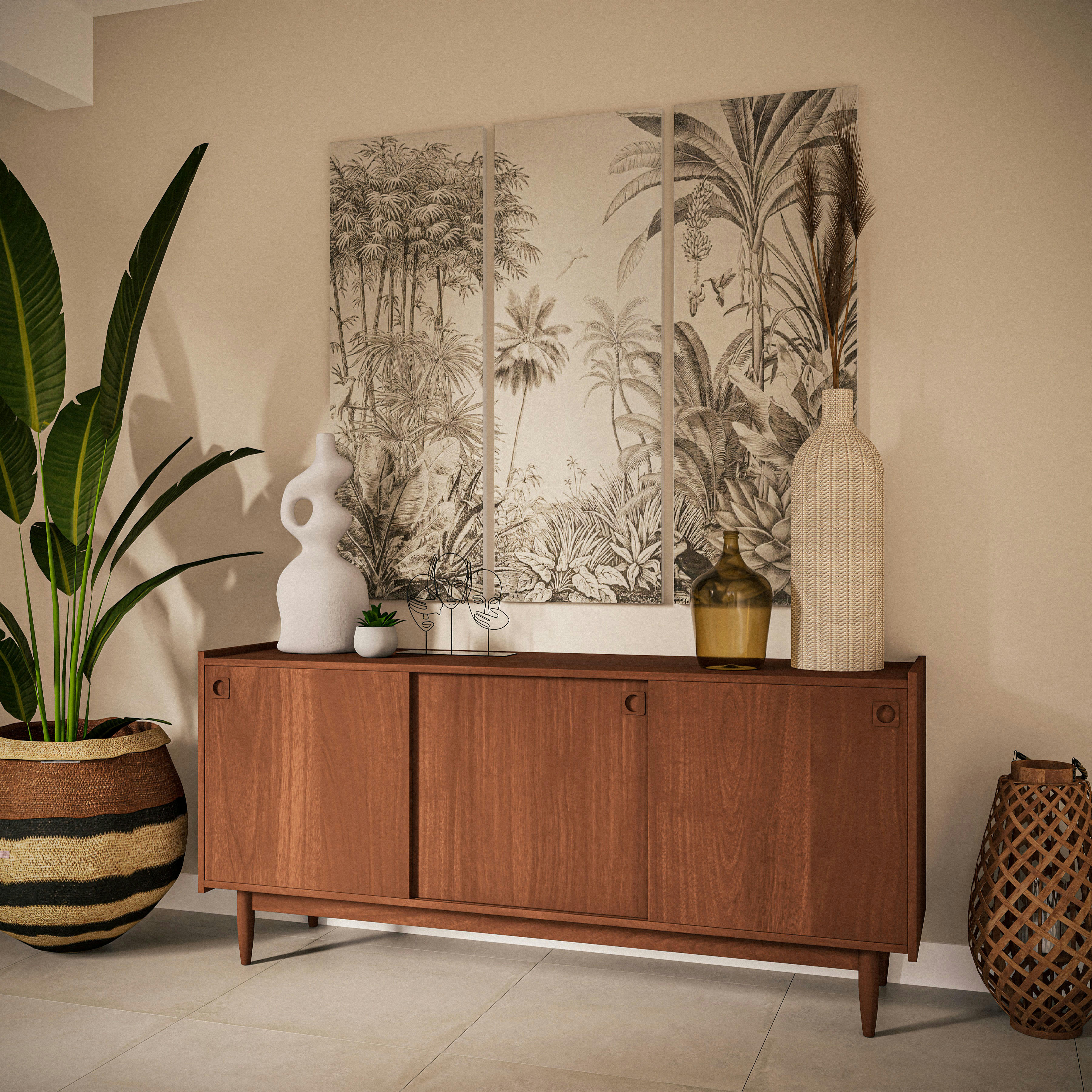 PARADISE - Triptyque en toile imprimé jungle noir et beige 45x120