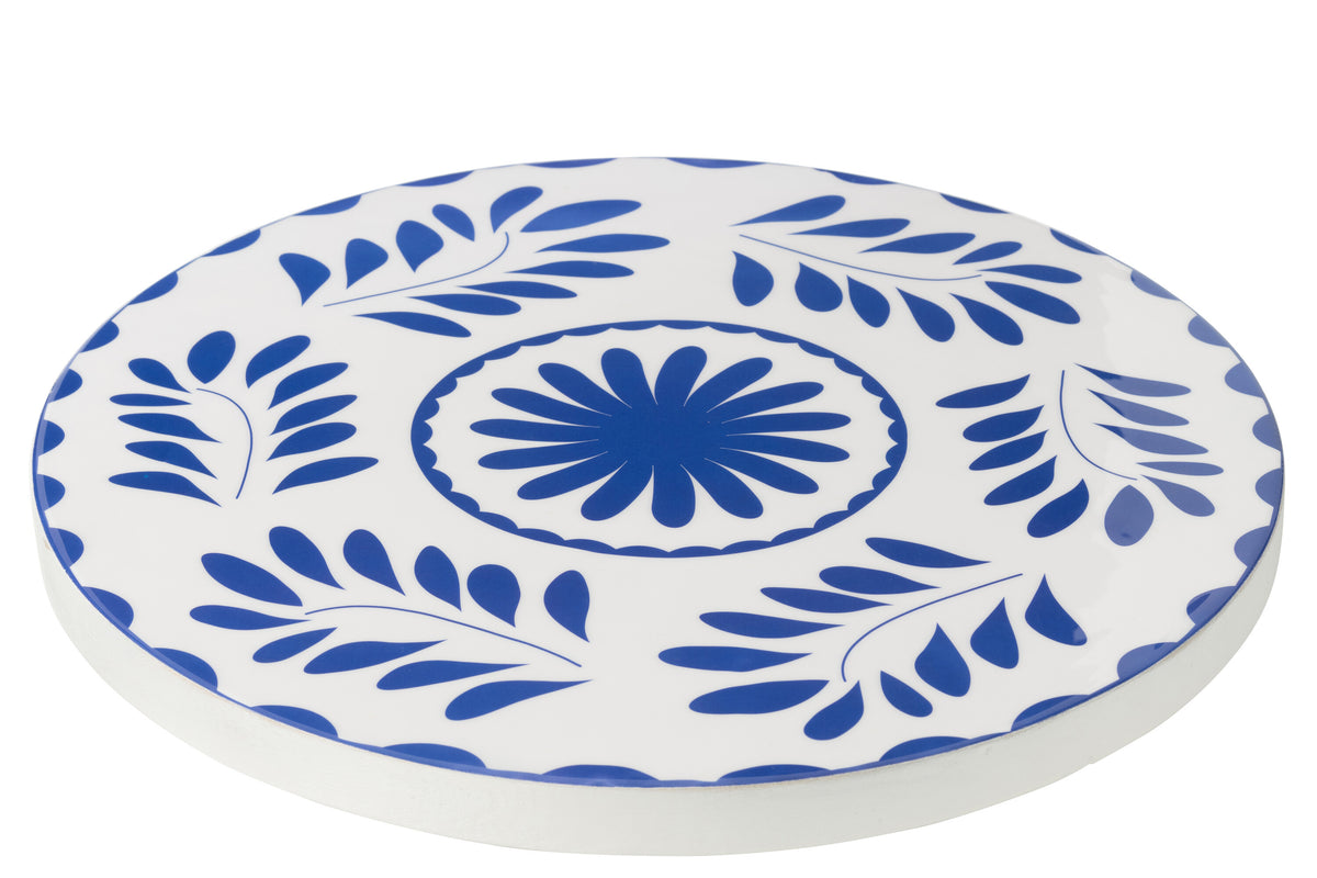 J-Line plateau Rond Bloemen - hout - blauw/wit