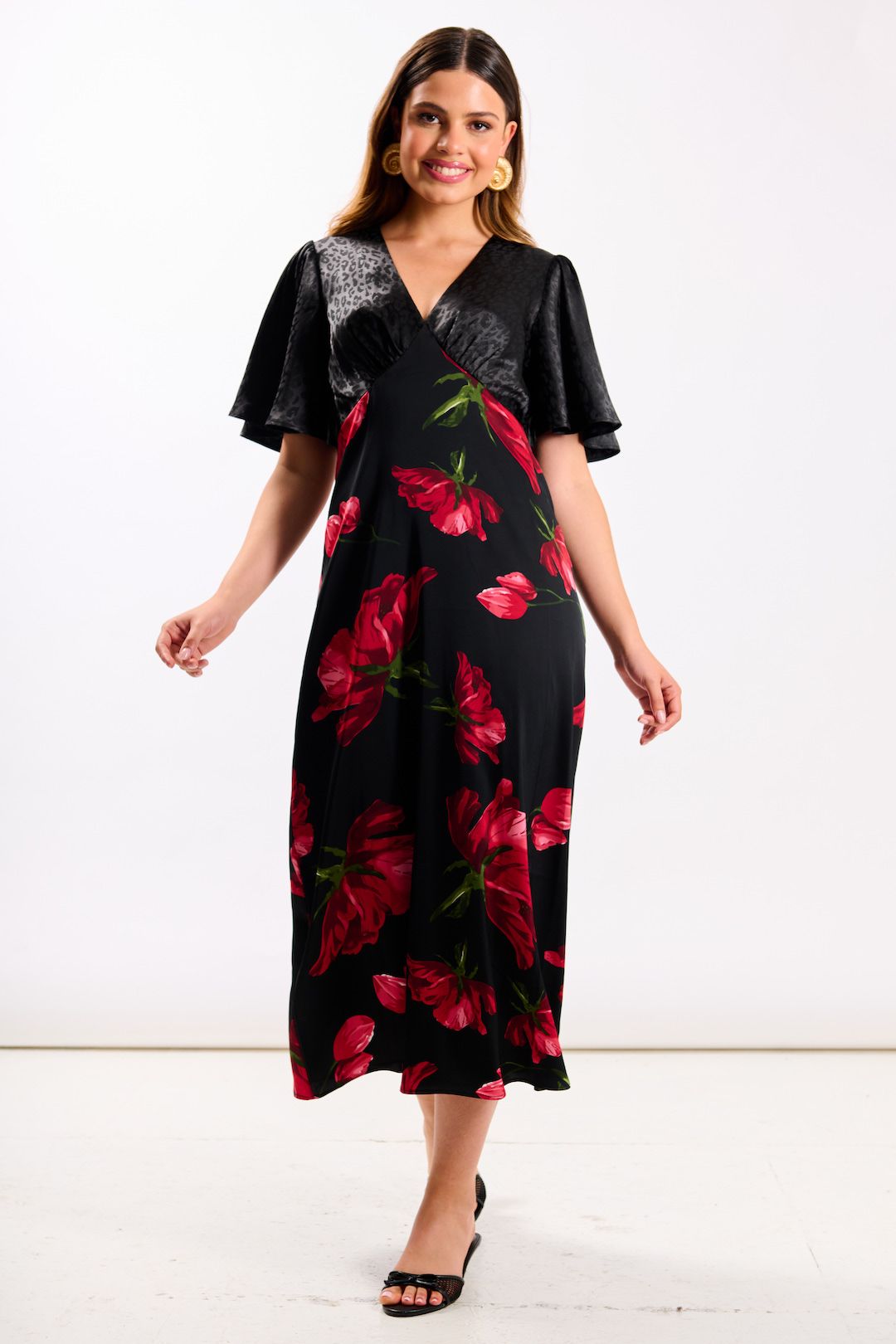Needs No Label Red Floral Animal Mix Midi Dress