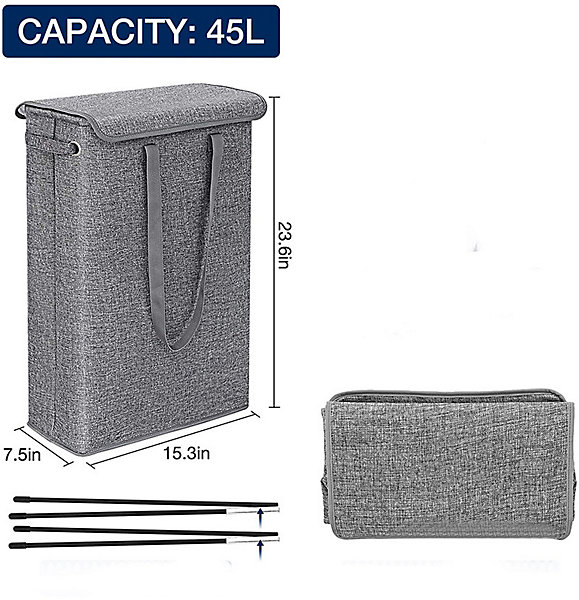 BASHLWUA (Noir) Panier à linge pliable Slimline de 45 litres avec couvercle - Panier à linge de très grande capacité - 39 x 19 x 6
