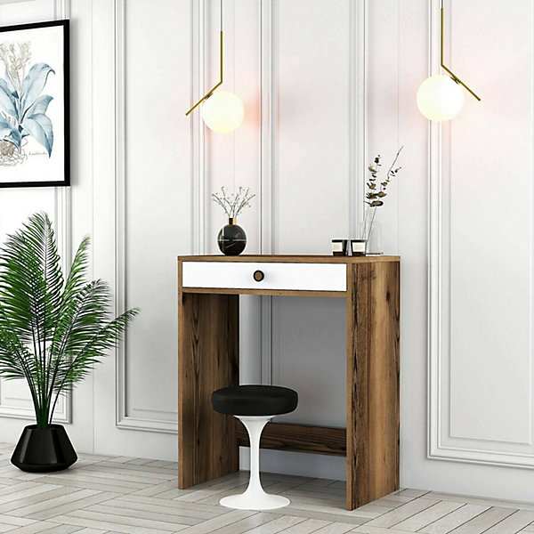 Console Solstice, Table polyvalente, Armoire de rangement, Bureau du couloir, 70x85h40 cm, Noyer et Blanc