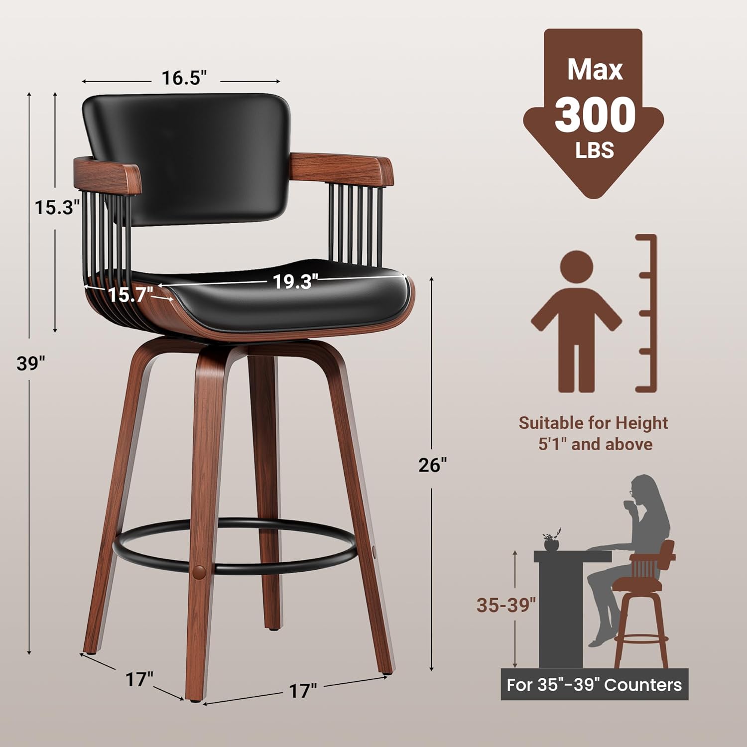 Swivel Counter Height Bar Stools Set of 2, 26 Inch Mid Century Modern Bentwood Barstools with Padded Back and Wood Legs, PU Leather Kitchen Island Chairs with Arms, Black