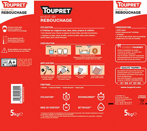 Enduit de rebouchage poudre blanc Toupret 5kg