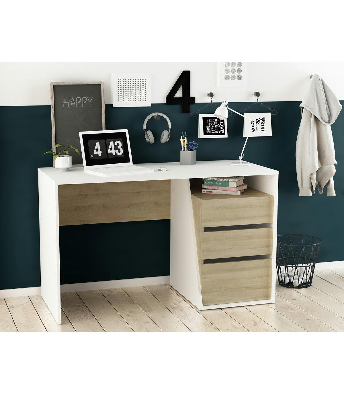 JEFFERSON - Bureau 3 Tiroirs L127 cm - Décor Bois et Blanc