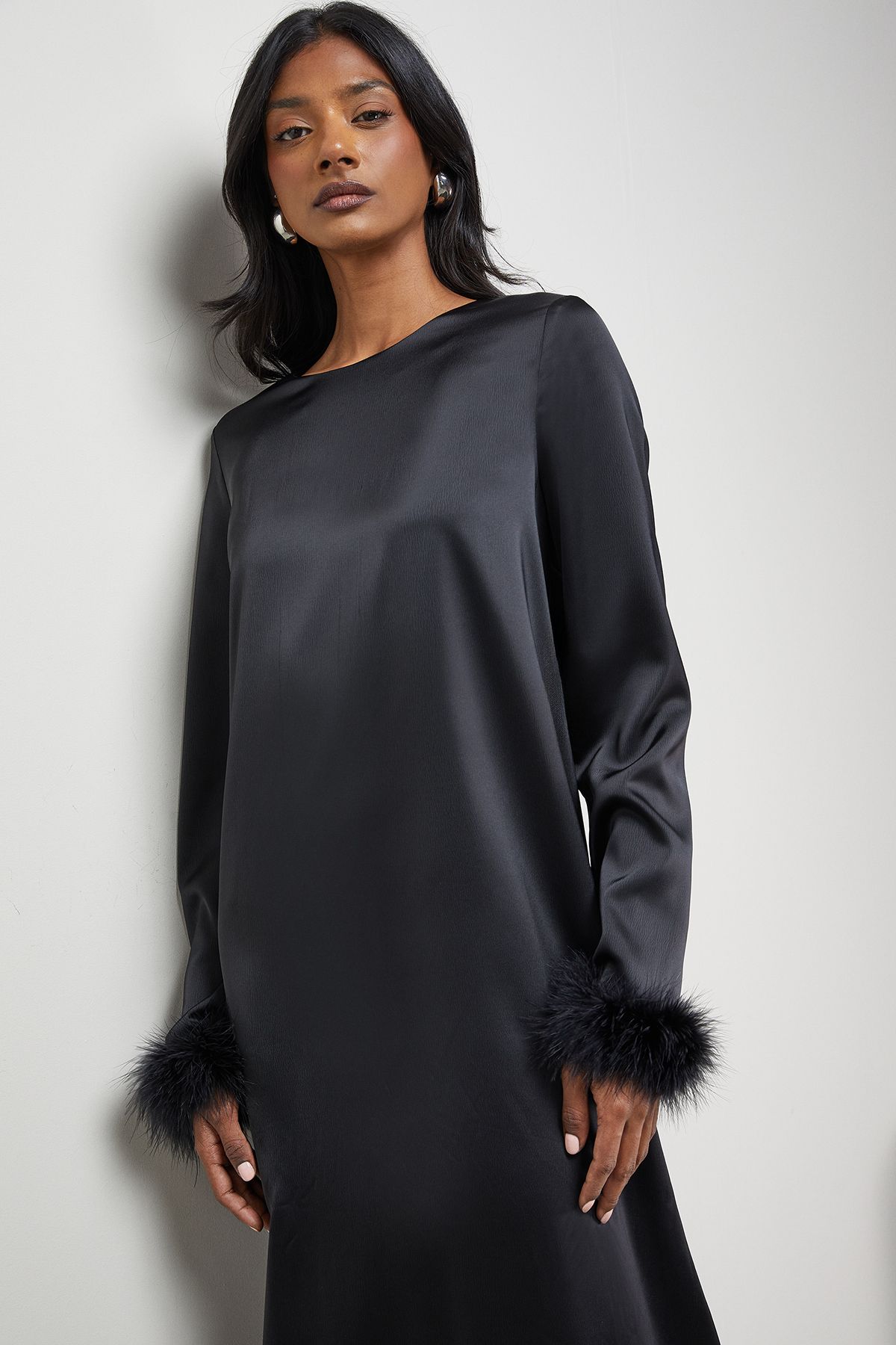 Warehouse Premium Satin Feather High Neck Swing Midi Dress