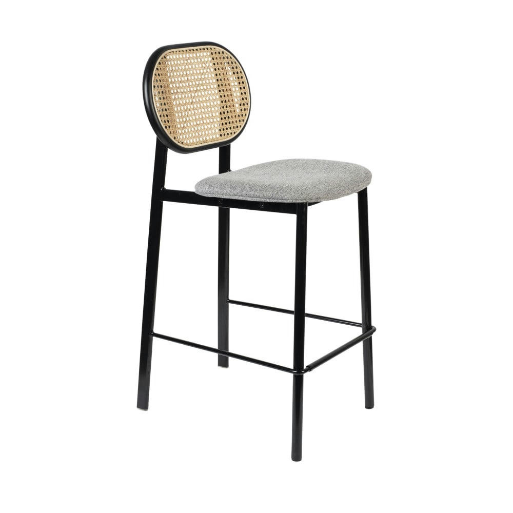 SPIKE - Tabouret de bar en tissu et cannage 65cm gris clair