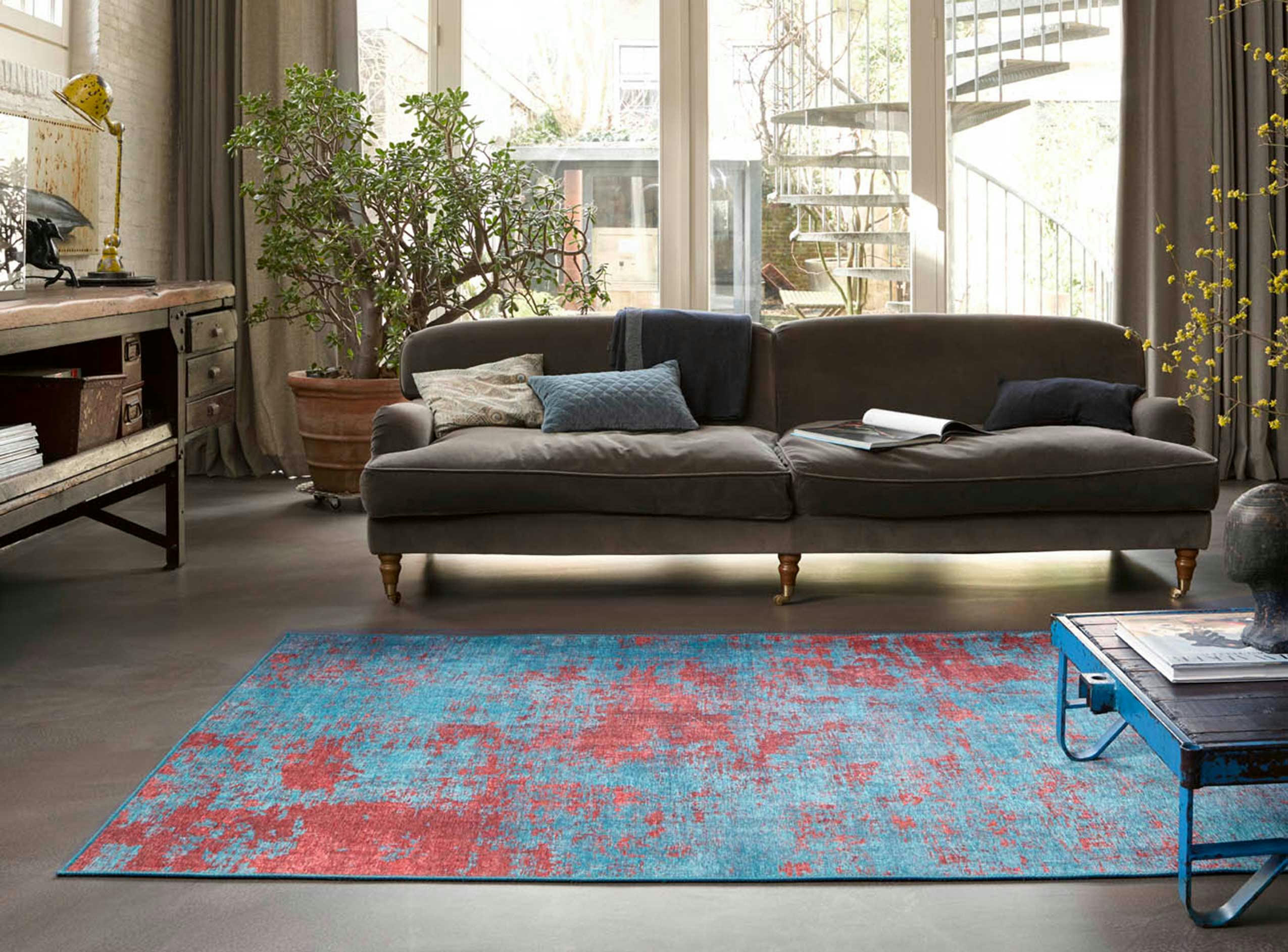 HOT SPRING - Tapis tissé extra plat bleu et rouge brique 120x170