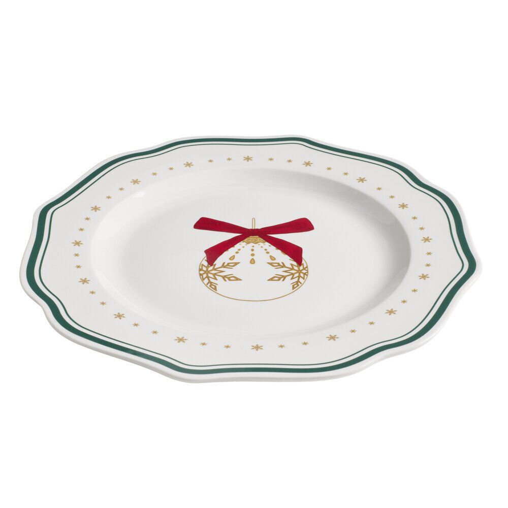 Assiette plate imprimé boule de No&euml;l contour vague bleu faïence Ø27 cm
