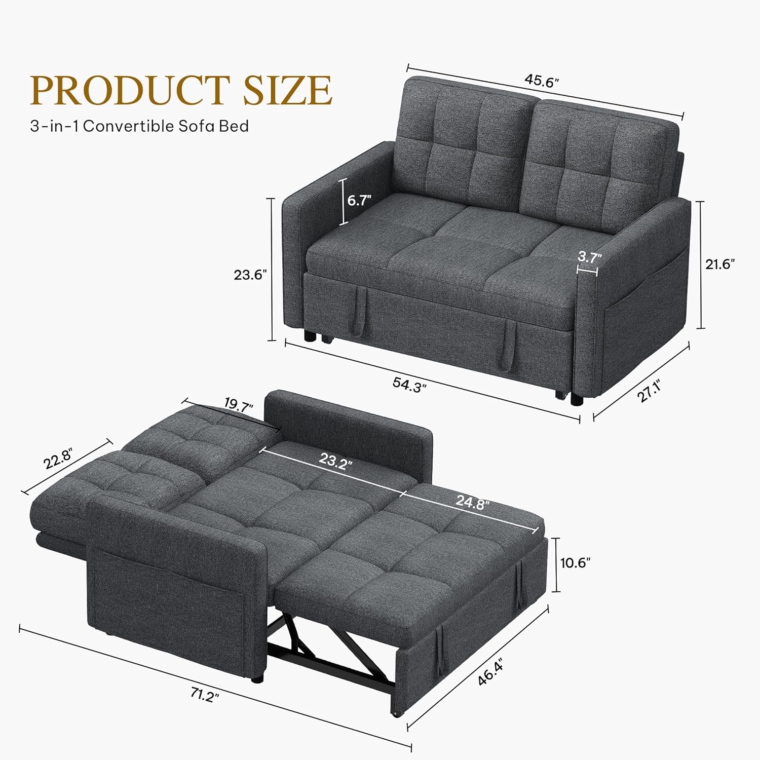 DWVO 55 Convertible Sofa Bed, 3-in-1 Sleeper Sofa with Pull-Out Bed, Linen Futon Couch with Adjustable Backrest and Side Pocket, Modern Loveseat for Living Room Apartment, Grey