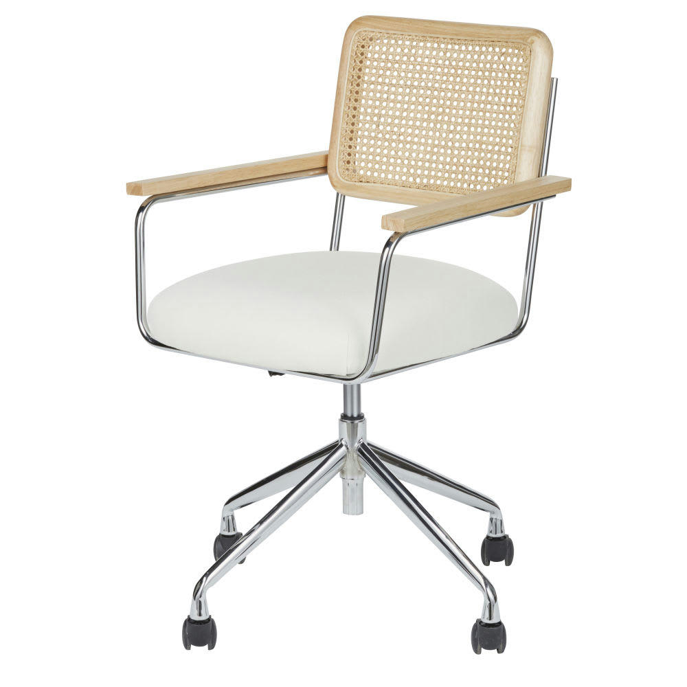 Rosalie - Chaise de bureau réglable à roulettes écrue et cannage en rotin