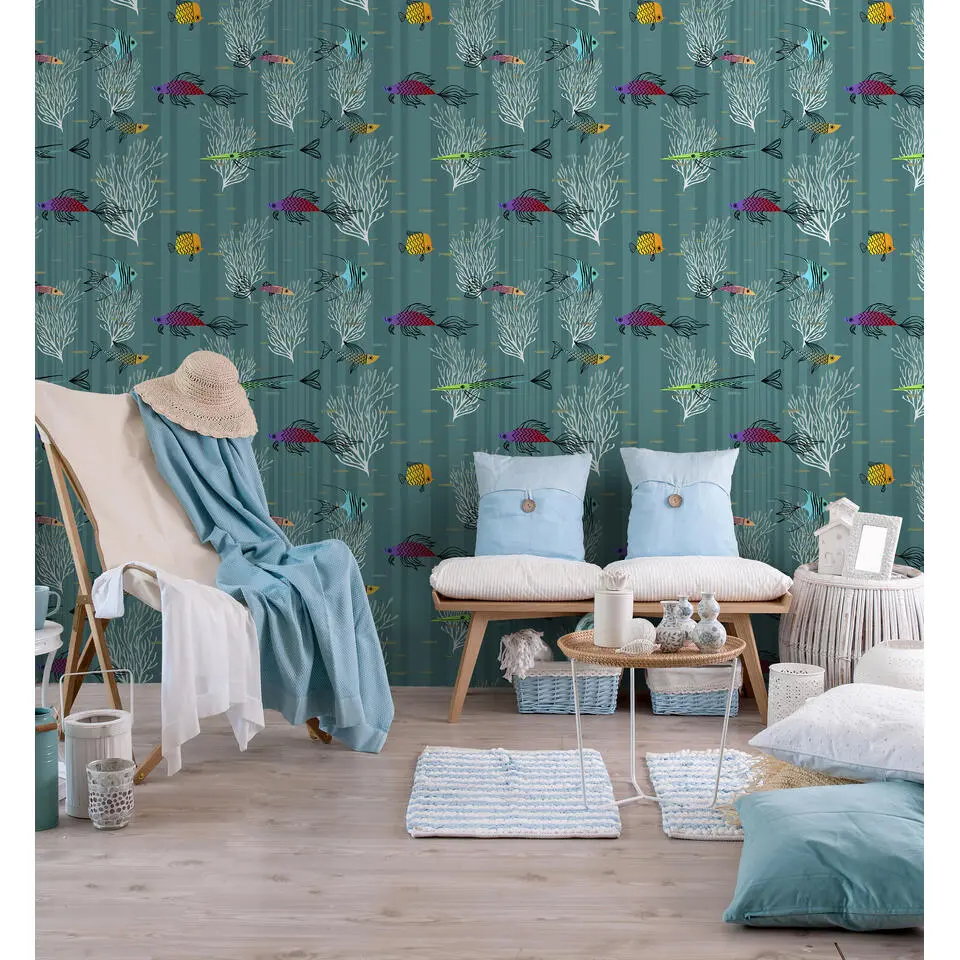 Walls4You behang vissen zeegroen en meerkleurig - 53 cm x 10 m