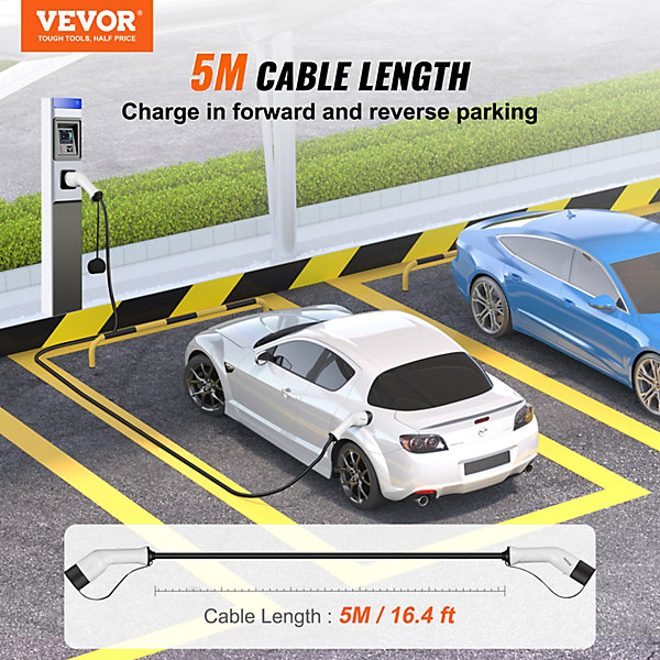 Cable recharge EV Type 2 vers Type 2, 32A 22kW 5m, IP66 étanche, sac transport, pour véhicules électriques/hybrides, CE TÜV.