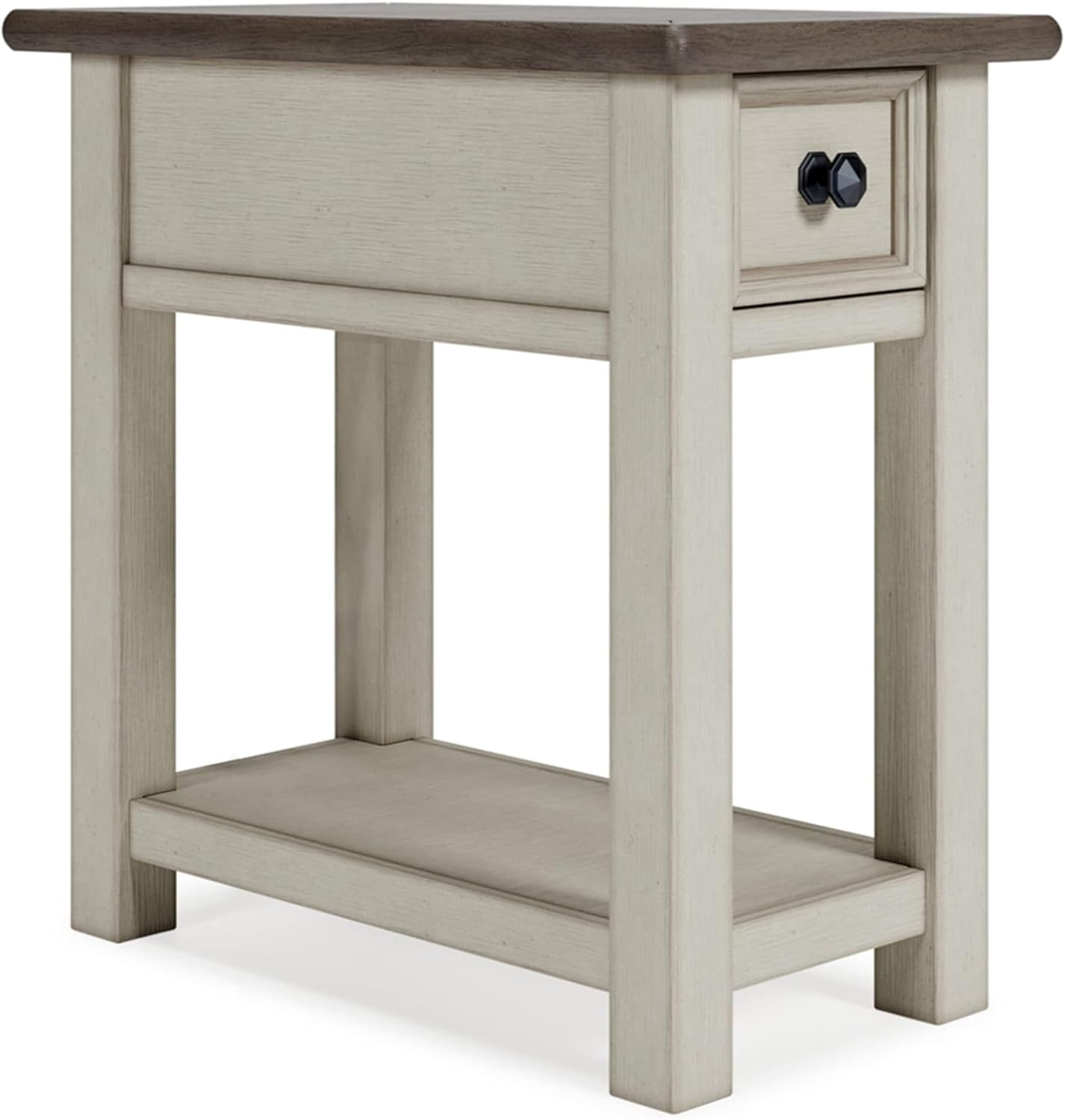 Signature Design by Ashley Bolanburg Chairside End Table With Charging Station, Two-Tone Wood Accent Table With Drawer Storage, Plank Top Design for Living Room or Bedroom, Antique White