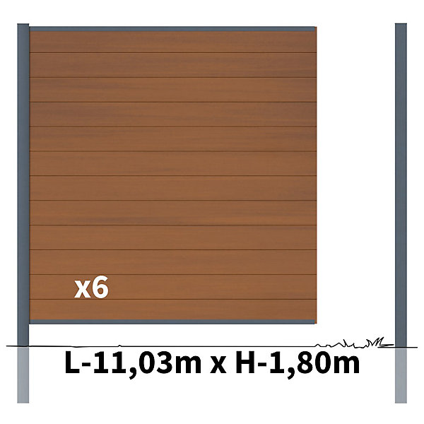 Kit Clôture Bois Composite Teck 11x1,8m CRUZ - Poteaux en Aluminium Gris - Brise Vue - Palissade