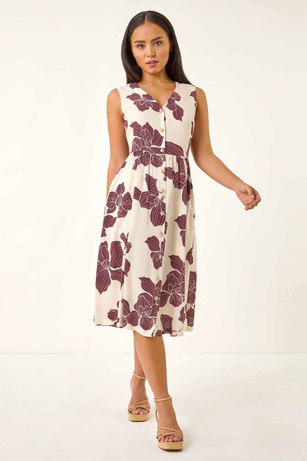 Roman Petite Floral Print Button Detail Midi Dress