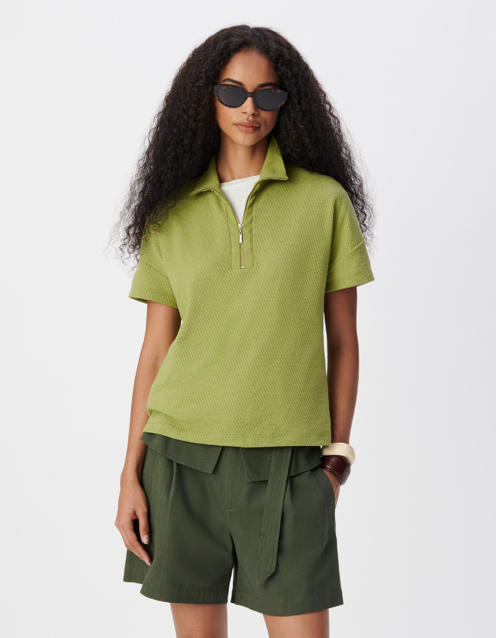 Tee-shirt col zippé vert maille fantaisie Femme