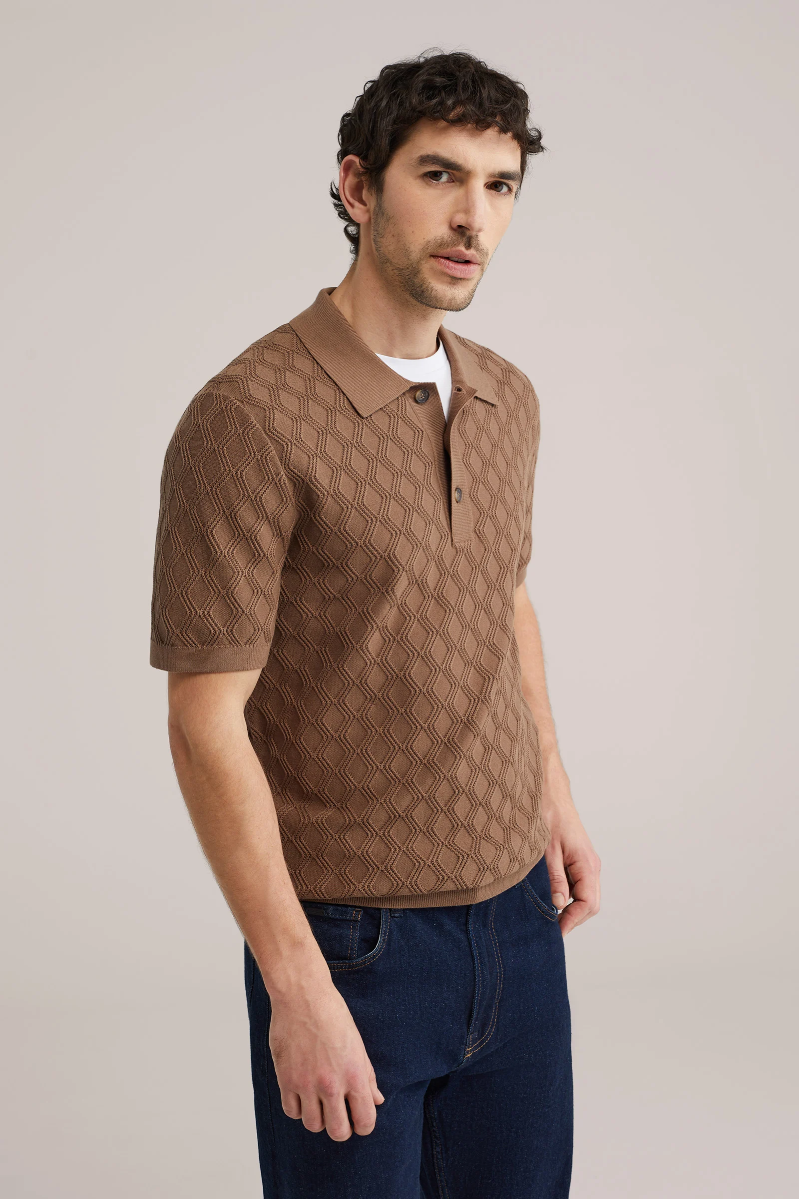 Heren regular fit gebreide polo met structuur