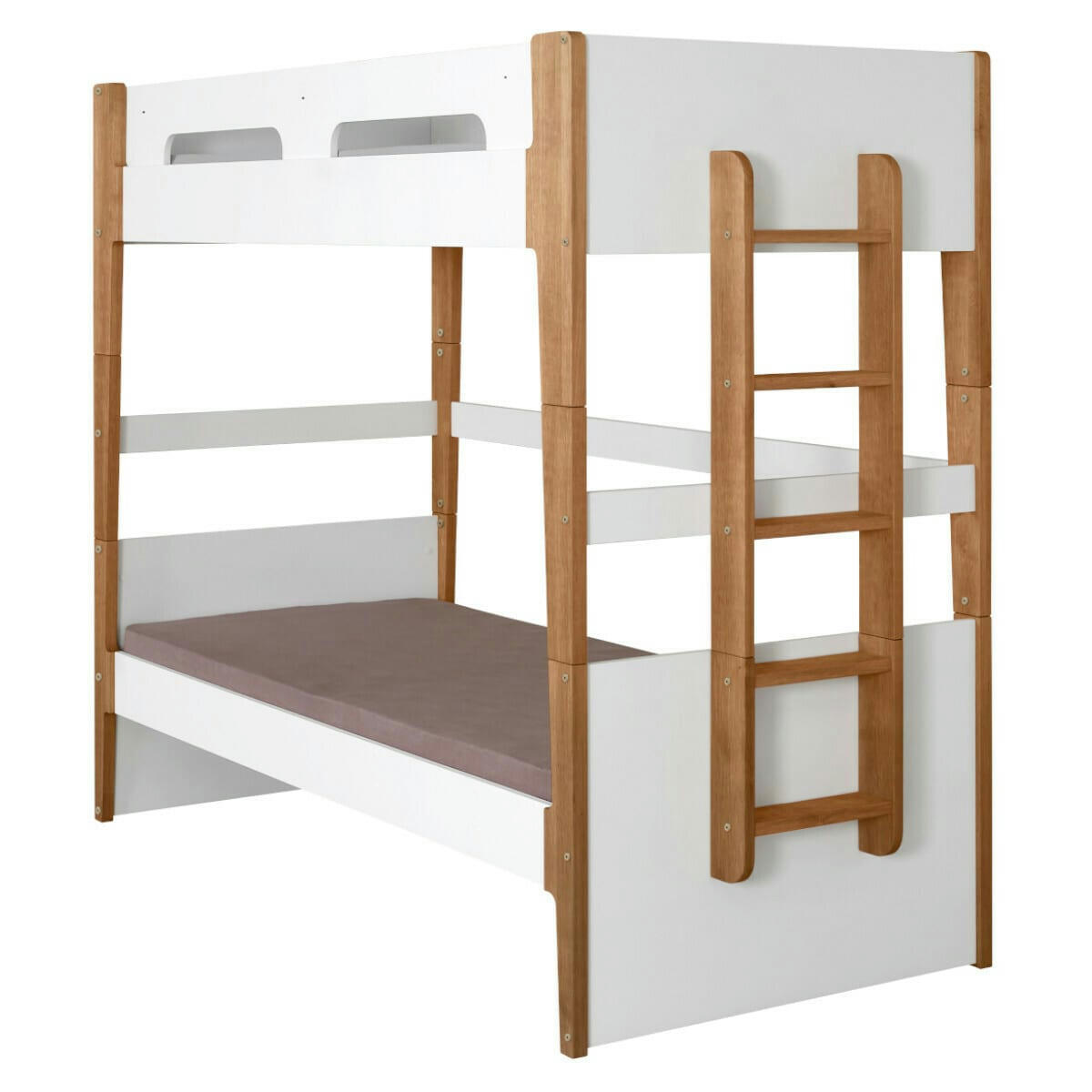 ROMY - Pack lit superposé avec matelas 90x190 cm bois massif blanc et bois