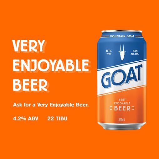 Mountain Goat 'GOAT' Very Enjoyable Beer, Aussie Lager, Craft Beer, 4.2% ABV, 375mL (Case of 24 Cans)