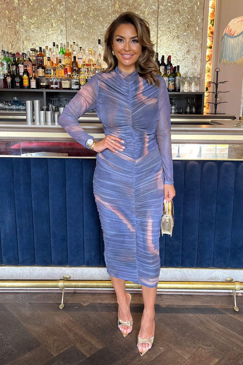 AX Paris Purple Tie Dye Print High Neck Long Sleeve Ruched Midi Dress