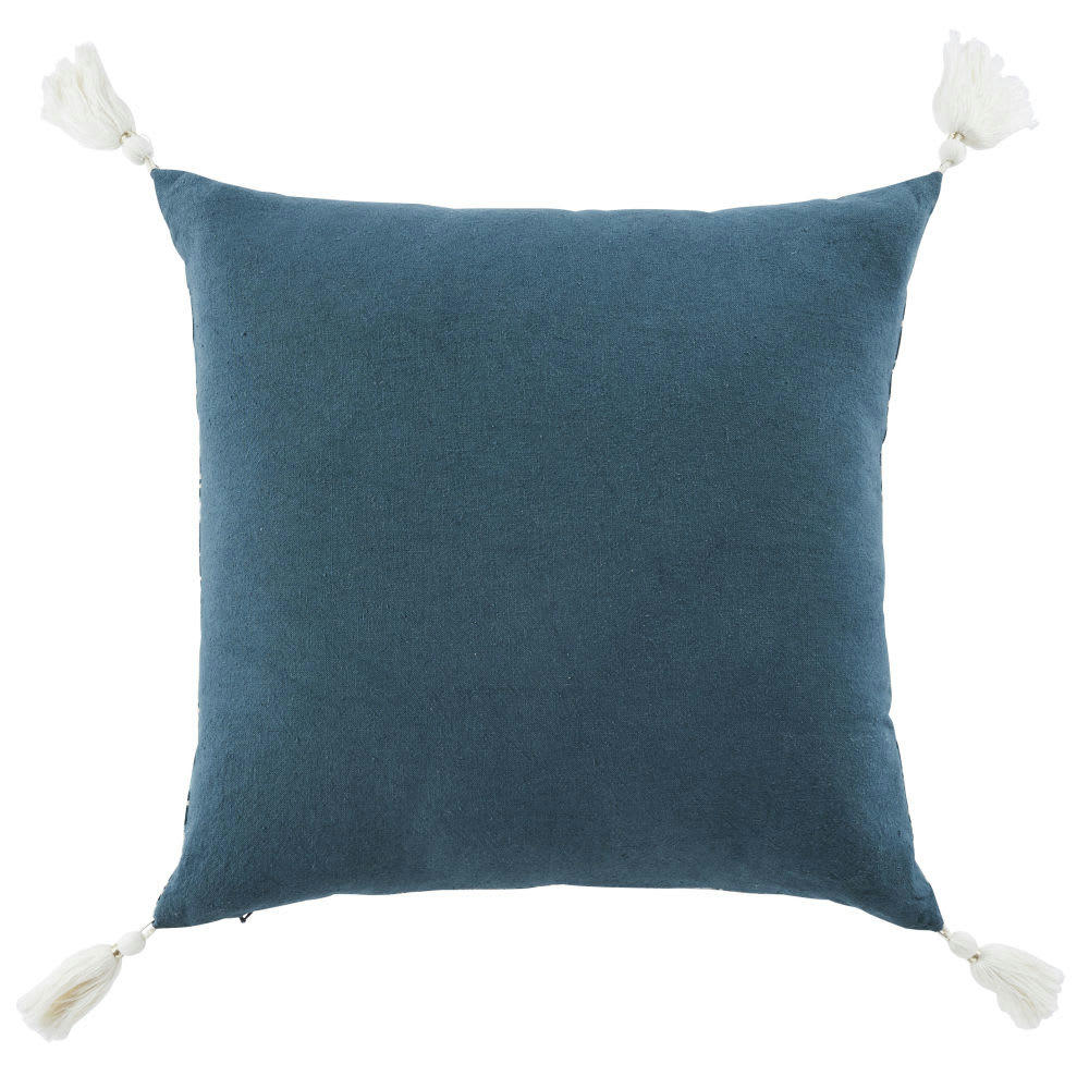 GRIMAUD - Coussin en coton et lin imprimé bleu canard, bleu vert et bleu gris avec pompons écrus 45x45