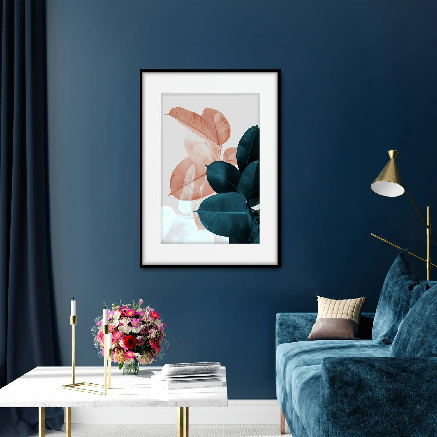 PLANTAS - Affiche avec cadre noir - Ficus vert et orange - 50x70