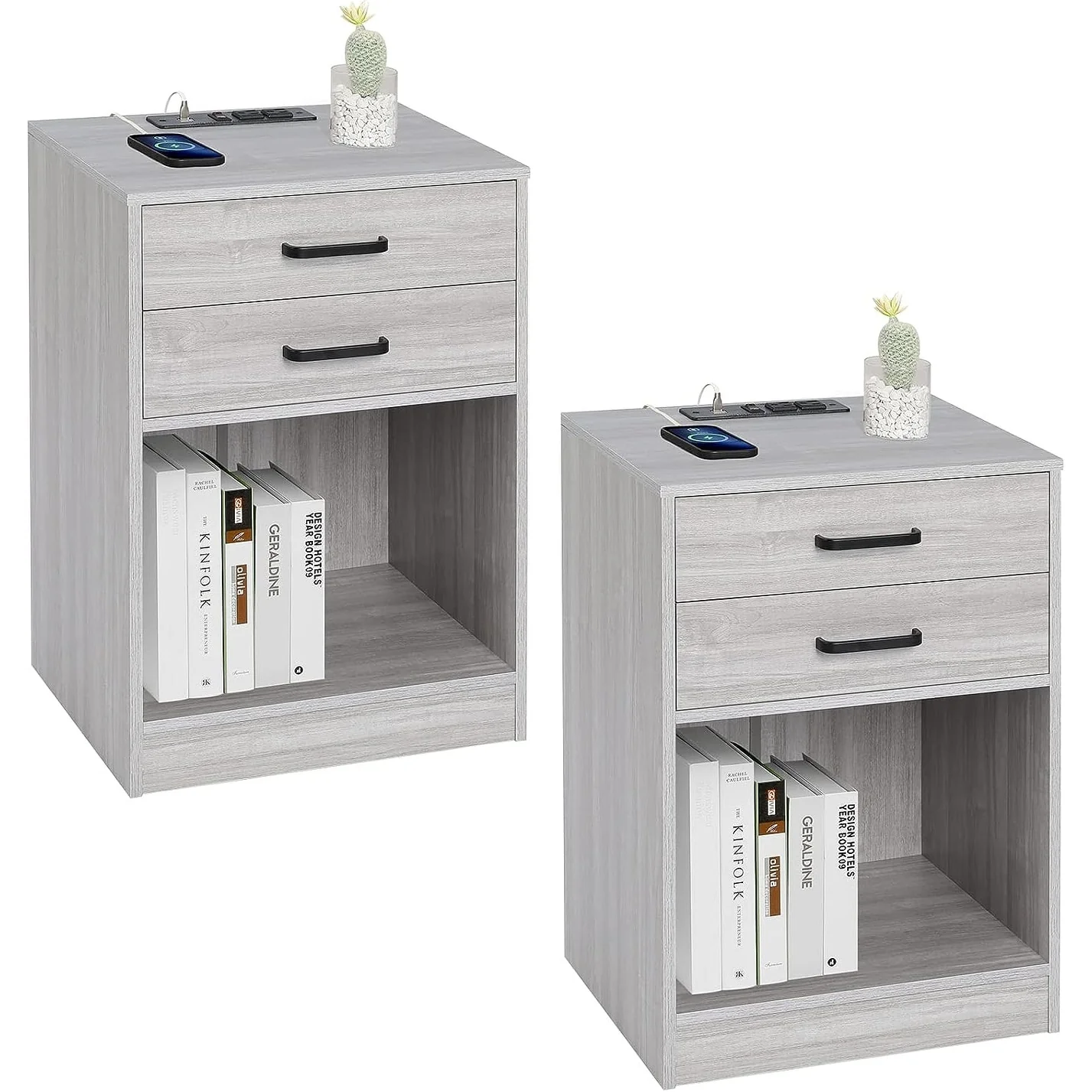 Nightstand 2 Drawers End Table Charging Station Nightstand Set of 2