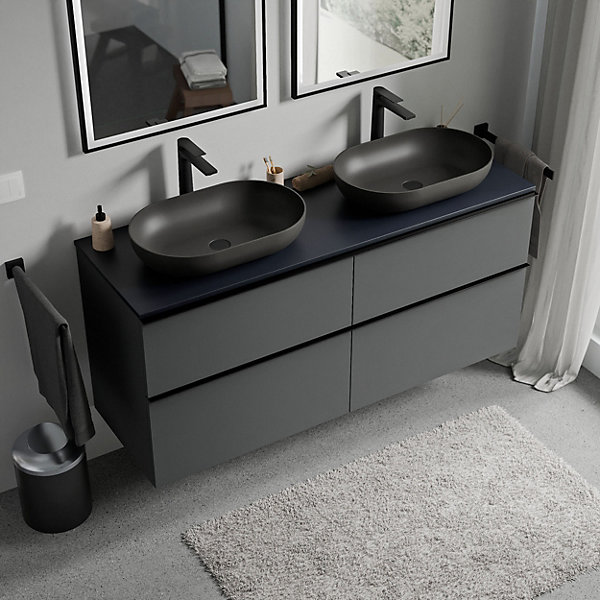 Meuble sous vasque suspendu MDF Anthracite mat, plan vasque Bleu nuit mat, poignée Noir mat - 140x46x62cm - LAVOA
