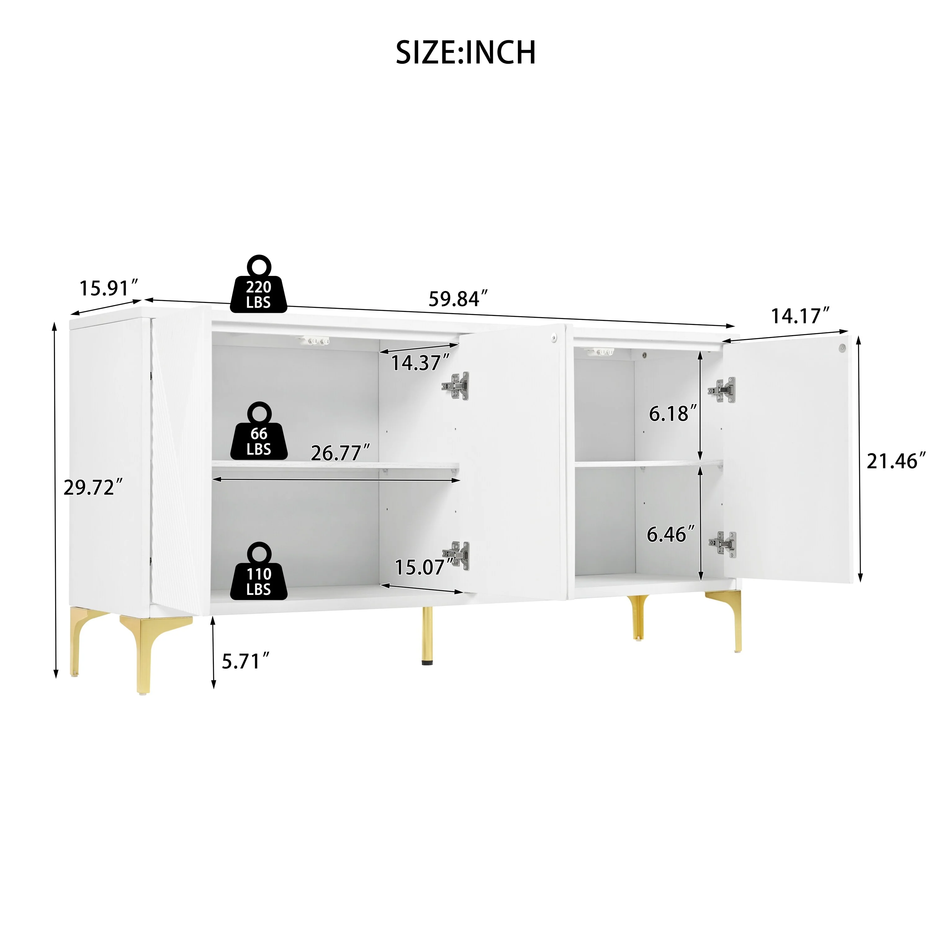 Wood Sideboard Cabinet with Carved Door Panels, 4 Doors modern aesthetic Storage Cabinet with Adjustable Shelves