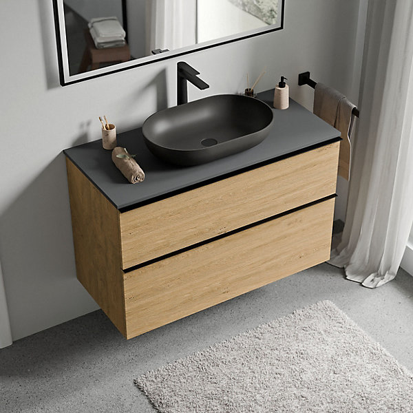 Meuble sous vasque suspendu MDF Chêne miel, plan vasque Anthracite mat, poignée Chrome - 100x46x62cm - LAVOA