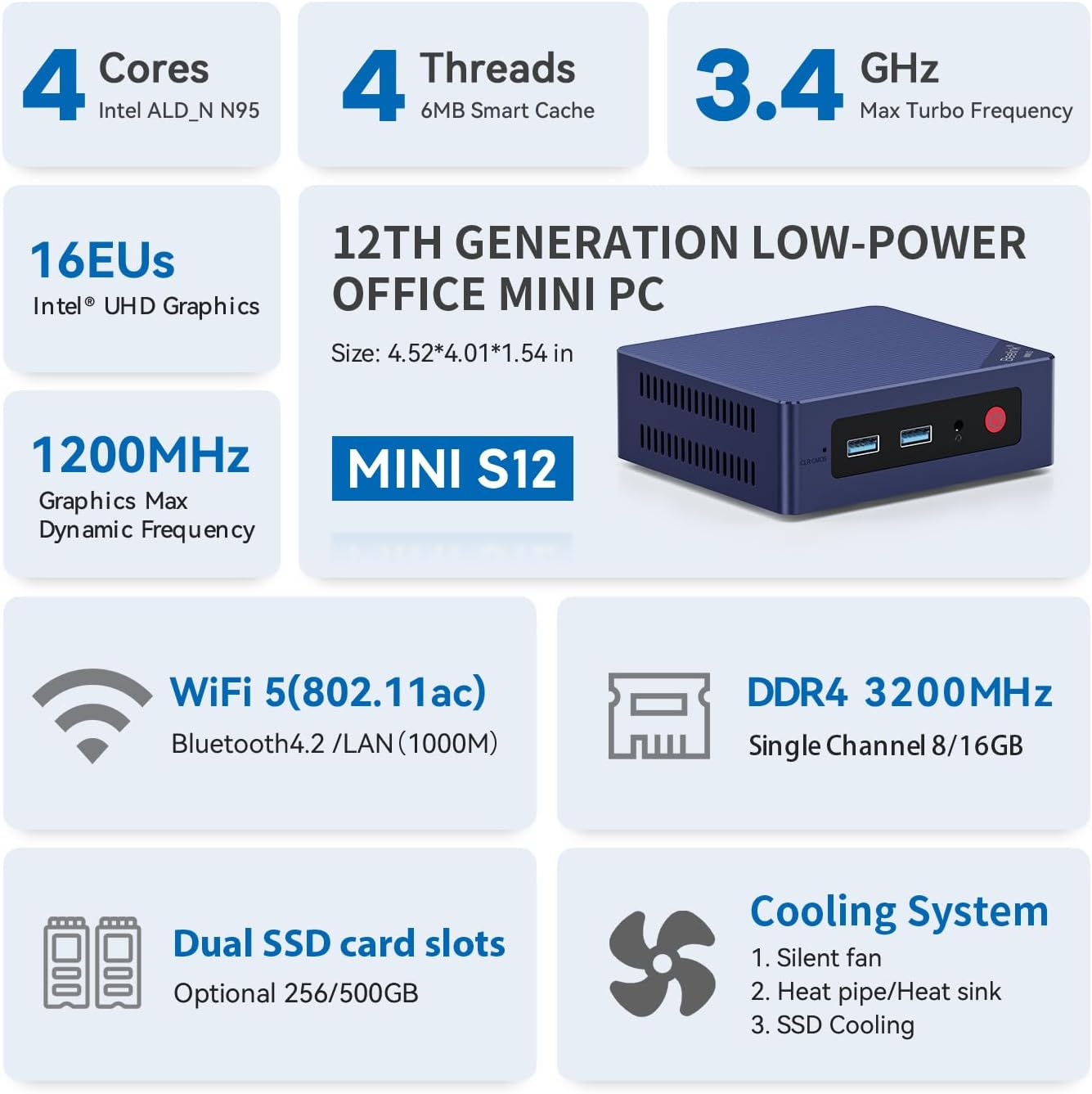 Beelink Mini PC  Mini S12 Intel 12th Gen 4-Core N95(up to 3.4GHz)  Mini Computer 8GB DDR4 RAM 256GB SSD  Desktop PC Dual HDMI 4K UHD/Gigabit Ethernet/Dual WiFi5/BT4.2/HTPC/W11 Home
