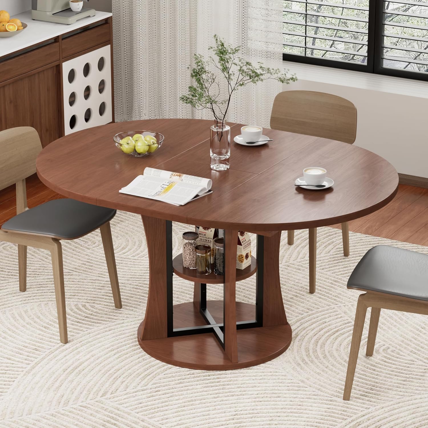 43.3''-59'' Extendable Round Dining Table for 4-8, Expandable Kitchen Table with Storage Shelf, Space Saving Circle Kitchen Table, Round Oval Dining Room Table for Living Room