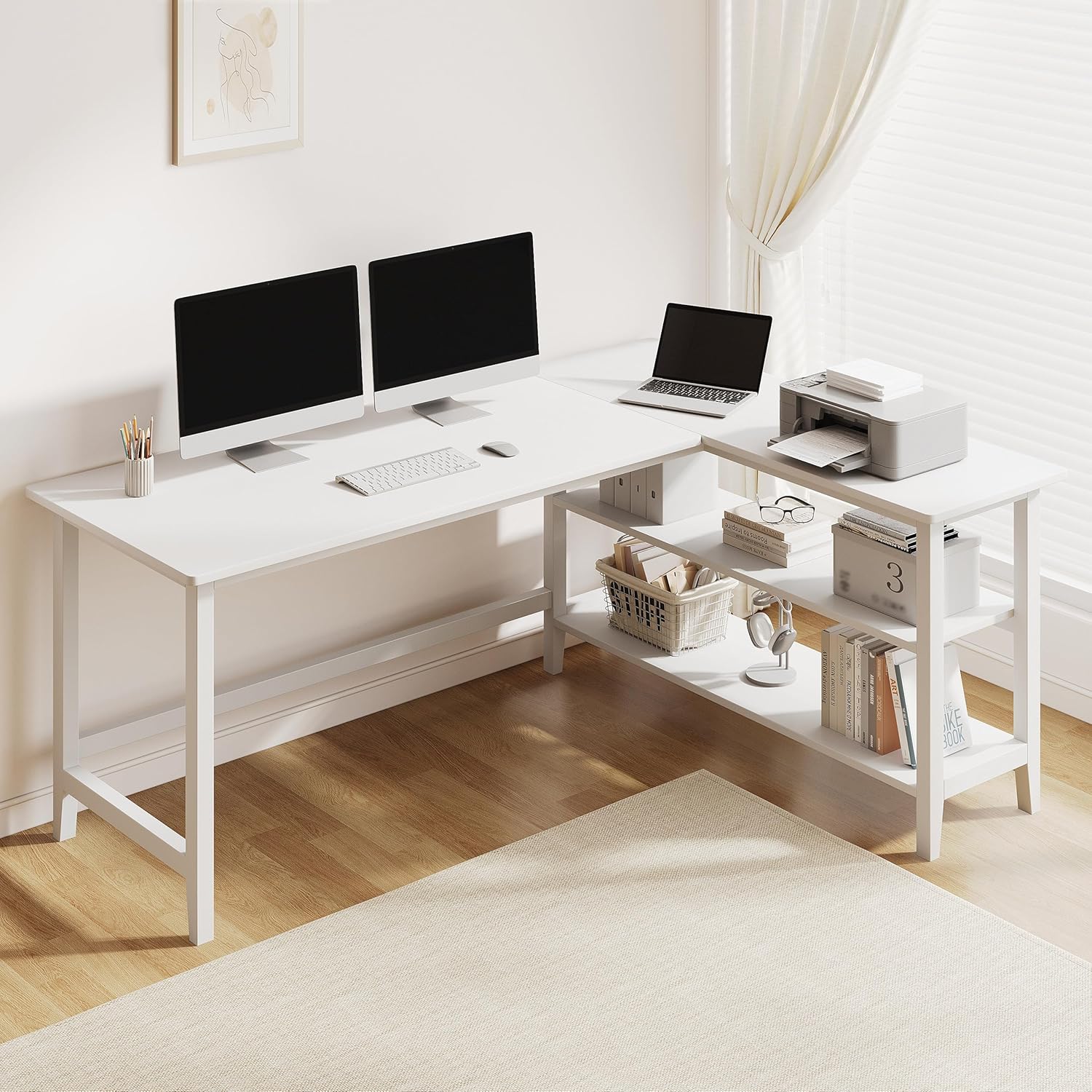 IOTXY Reversible L-Shaped Office Desk - 63 Extra Large Corner Computer Table with Storage Shelves, Solid Wood Legs, Home Writing & Study Workstation, White
