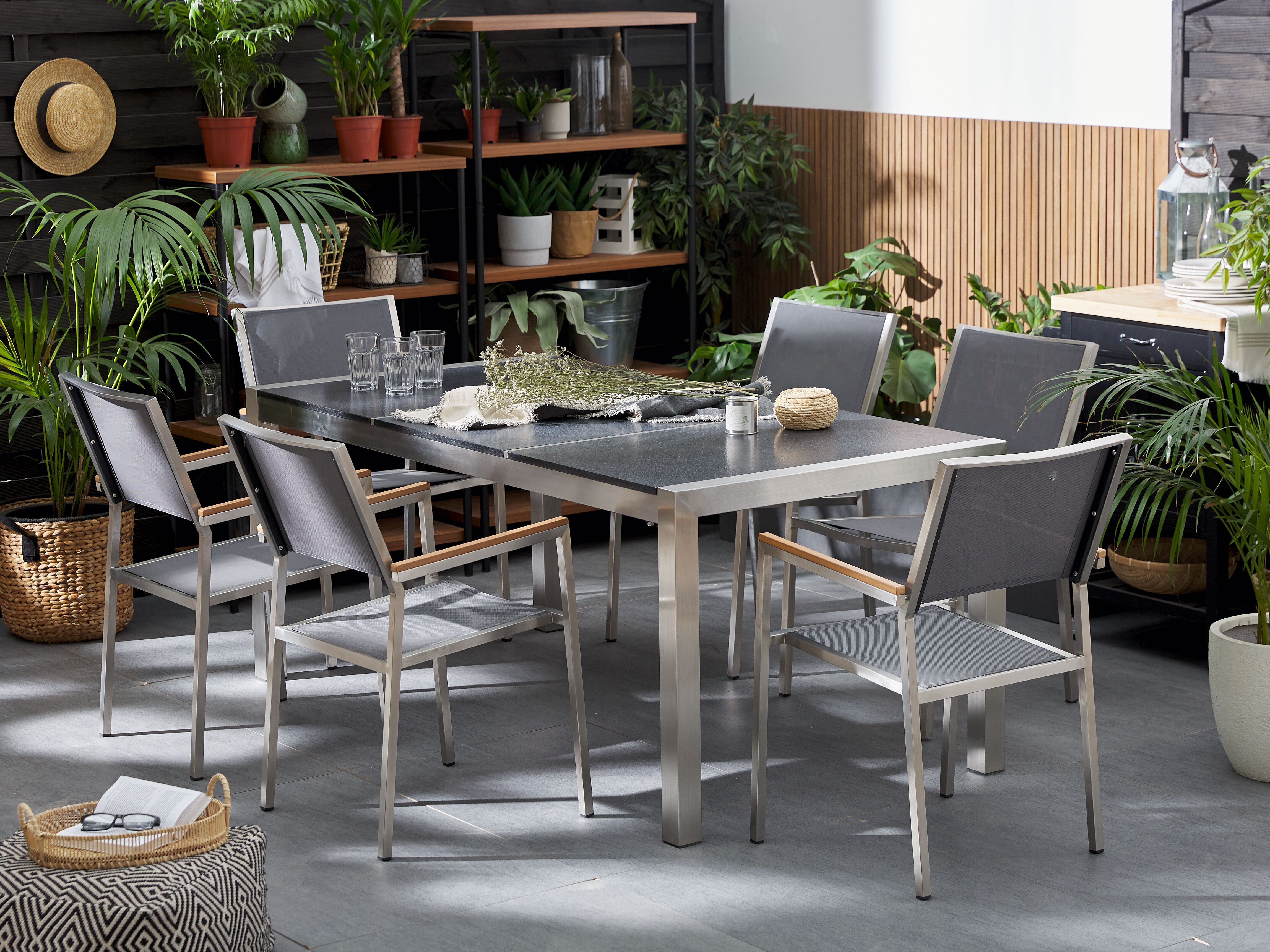 Garden Dining Set 6 Seater GROSSETO Triple Plate Basalt Flamed Black/ Grey