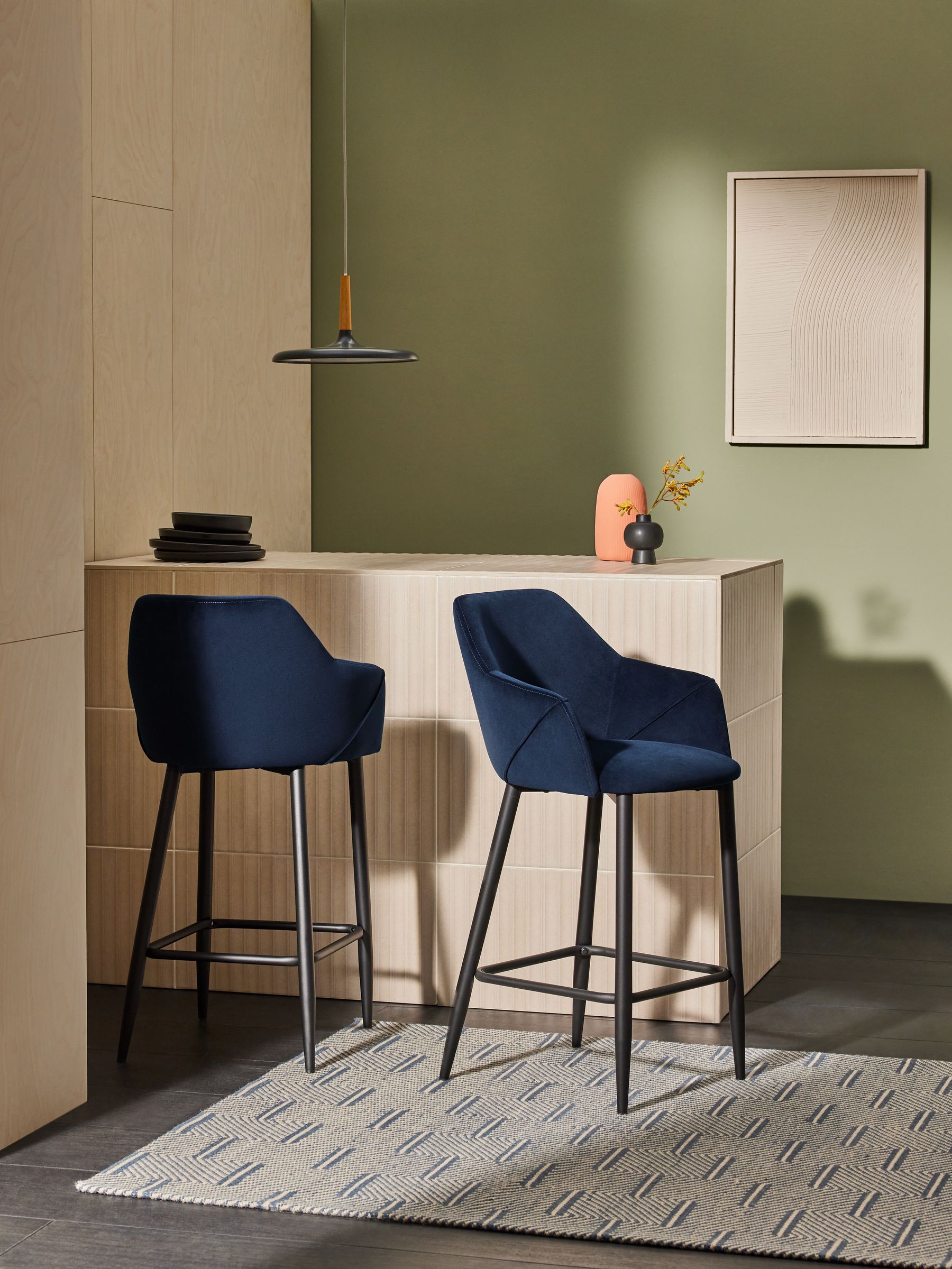 Lule Bar Stool in Dark Blue Velvet and Black Legs