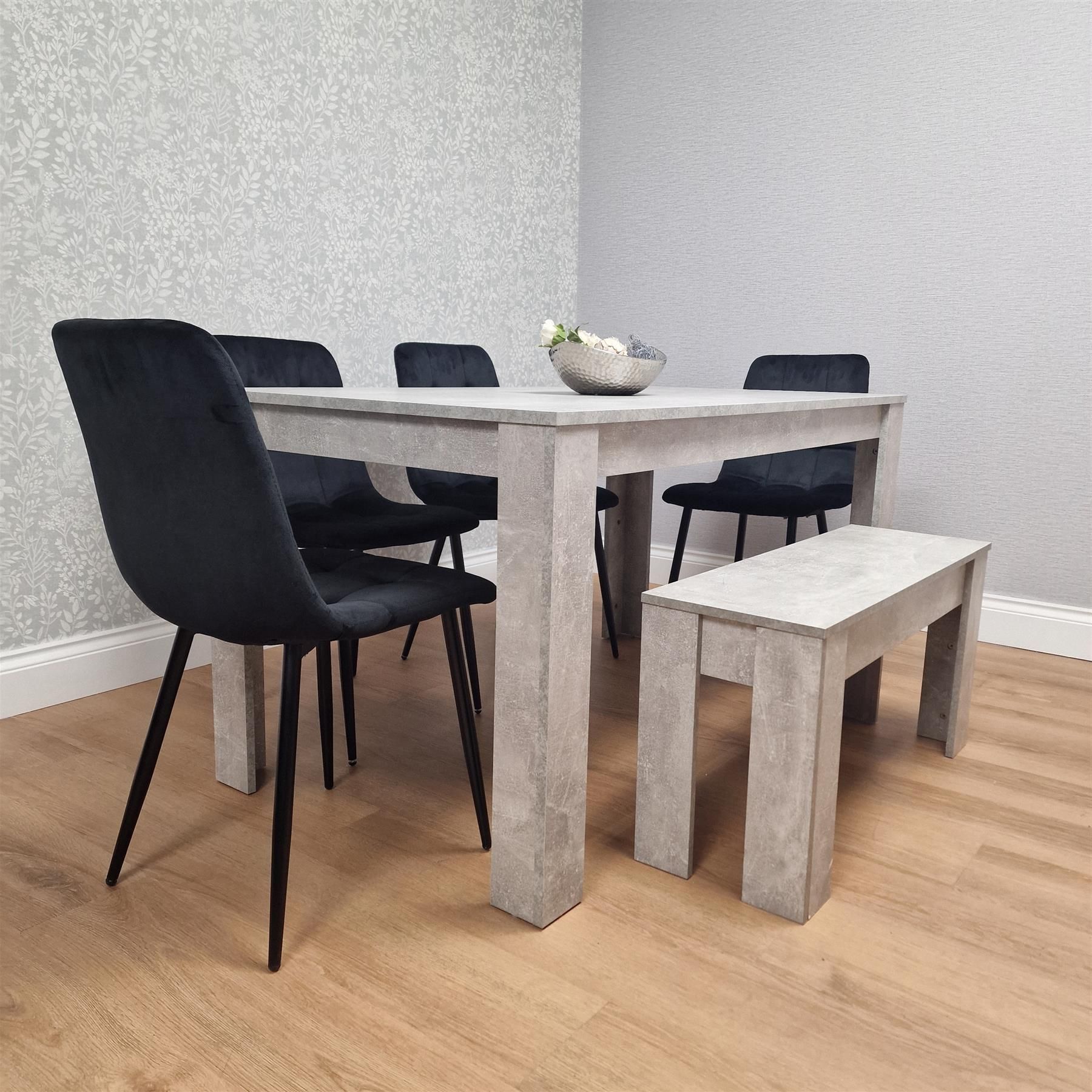 KOSY KOALA Modern Grey Dining Table Set with 4 Black Velvet Chairs And Bench Dining Furniture Set