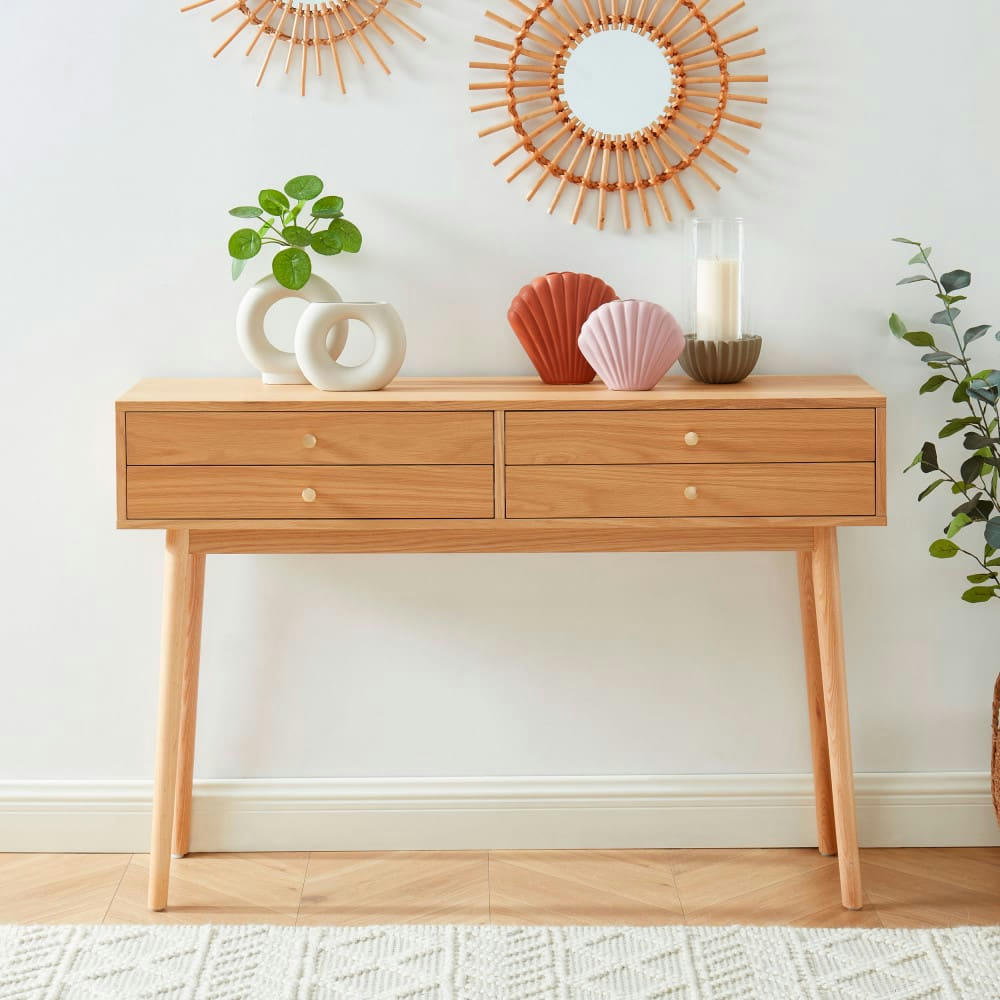 GRUDE - Console 4 tiroirs en bois L120cm bois clair