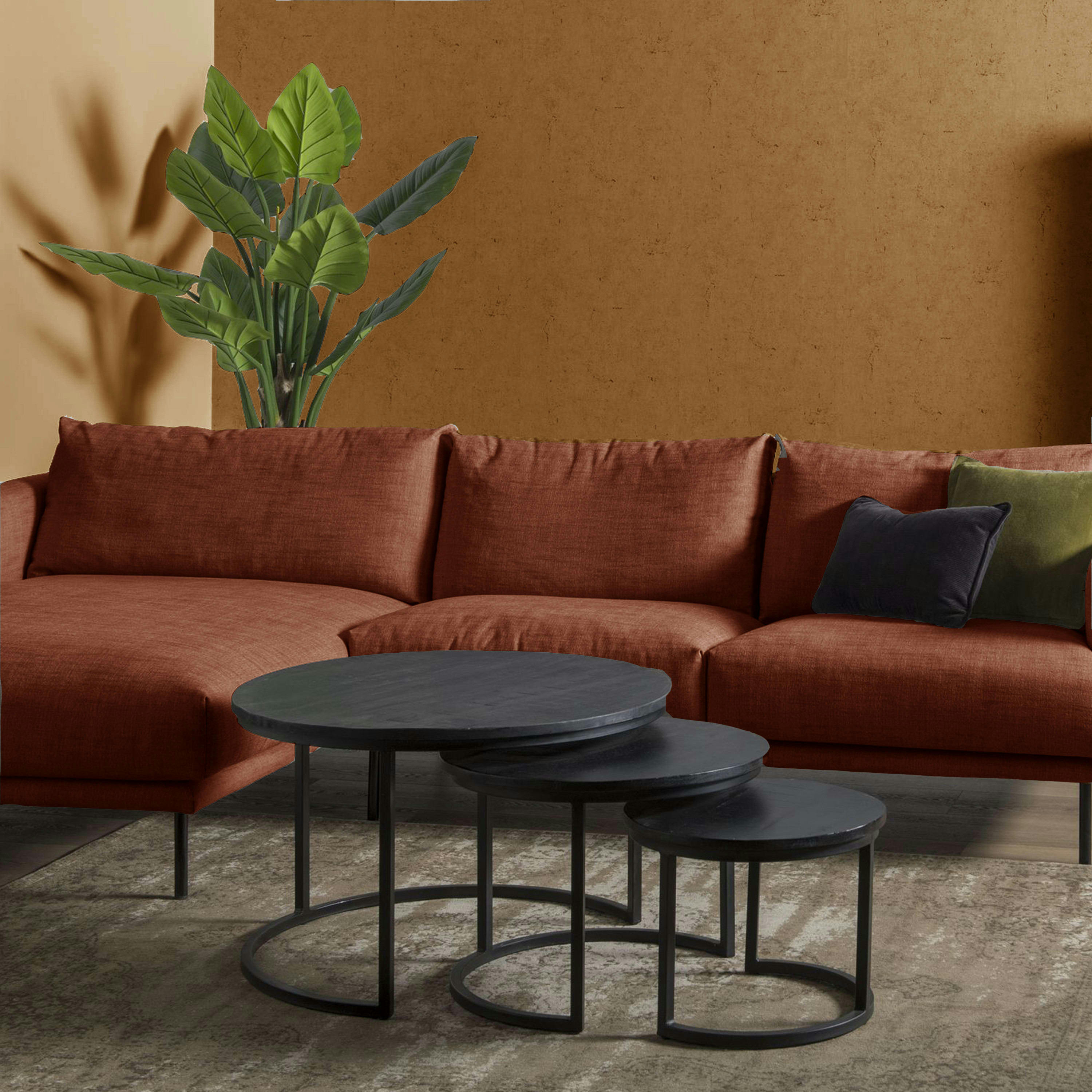 LUZ - LUZ-Set de 3 Tables basses rondes en Manguier teinté noir et métal