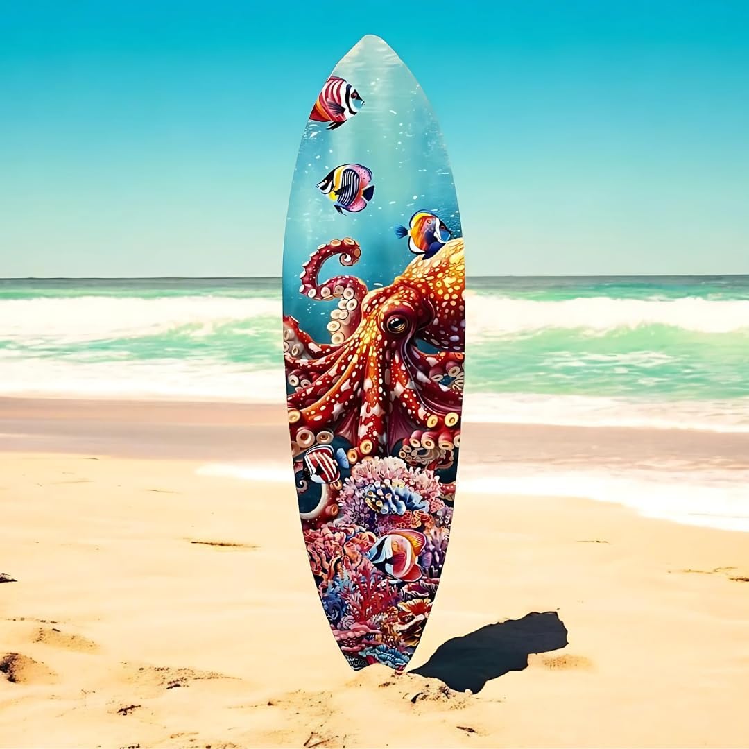 JennyGems Vibrant Octopus Surfboard Wall Art Decor, Octopus Wall Hanging, Beach House Decoration, Weather Resistant, 3 Feet