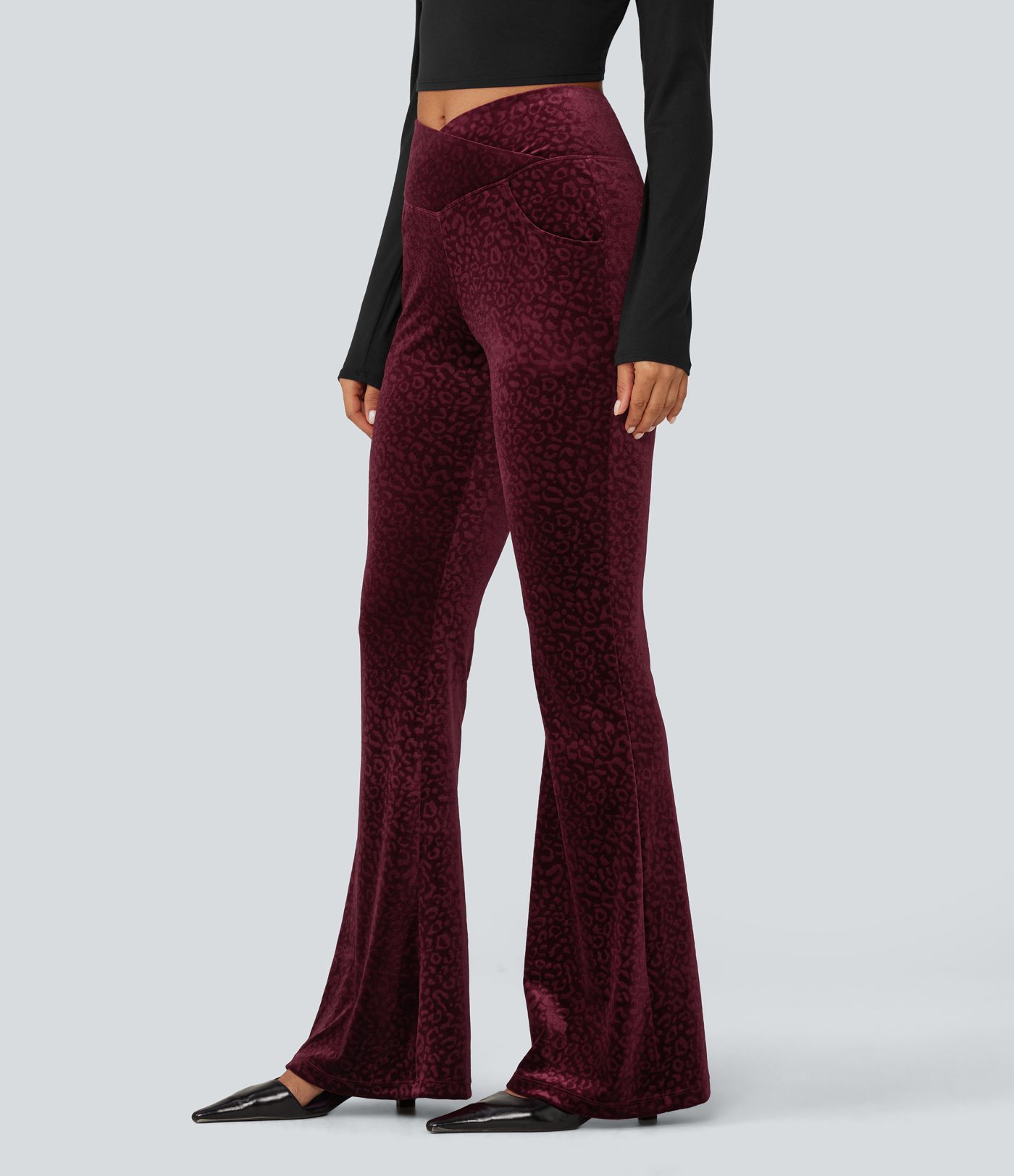Pantalon flare en velours imprimé léopard taille haute croisée avec poches